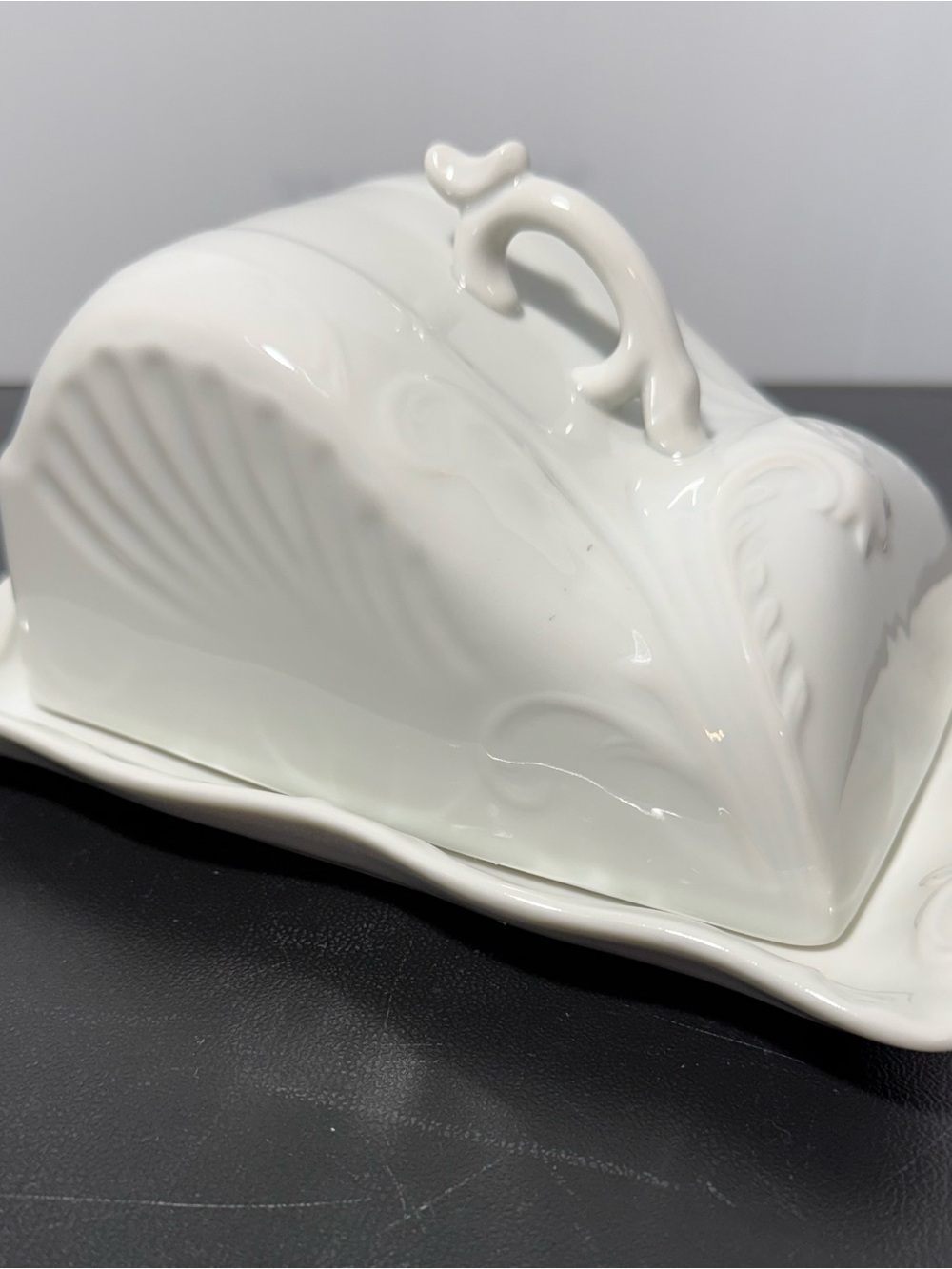 White Ceramic Cheese Dish with Decorative Scalloped Motif